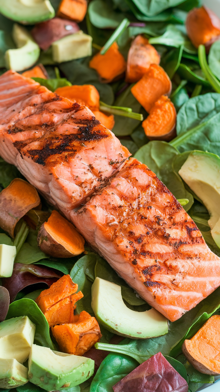 A delicious salmon and sweet potato salad with spinach and avocado