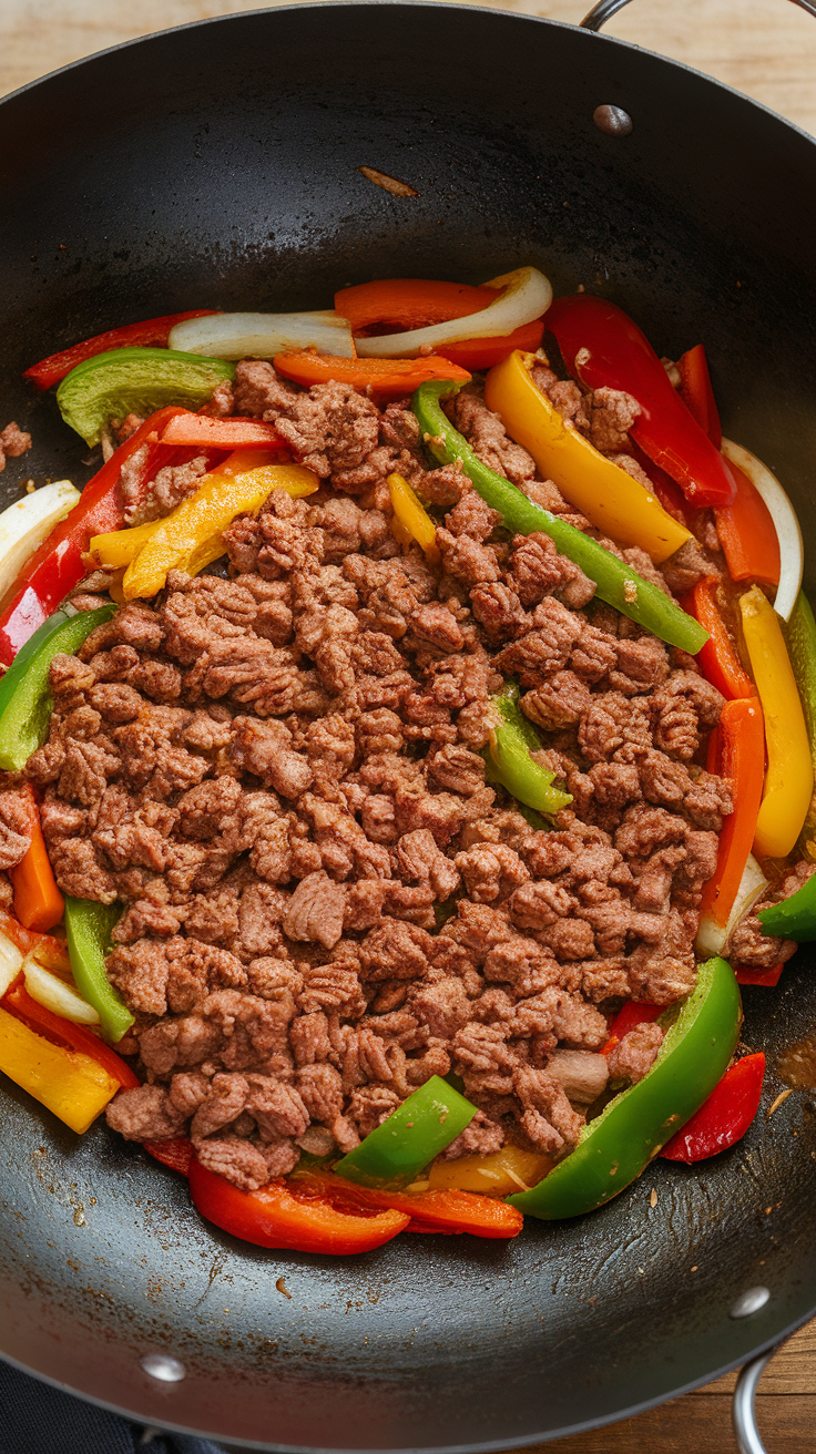 Beef and colorful bell peppers stir-fry in a wok.