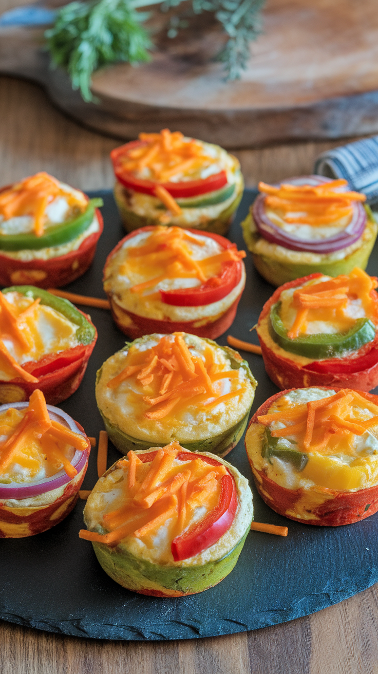 A close-up of savory breakfast egg muffins topped with cheese and colorful vegetables.