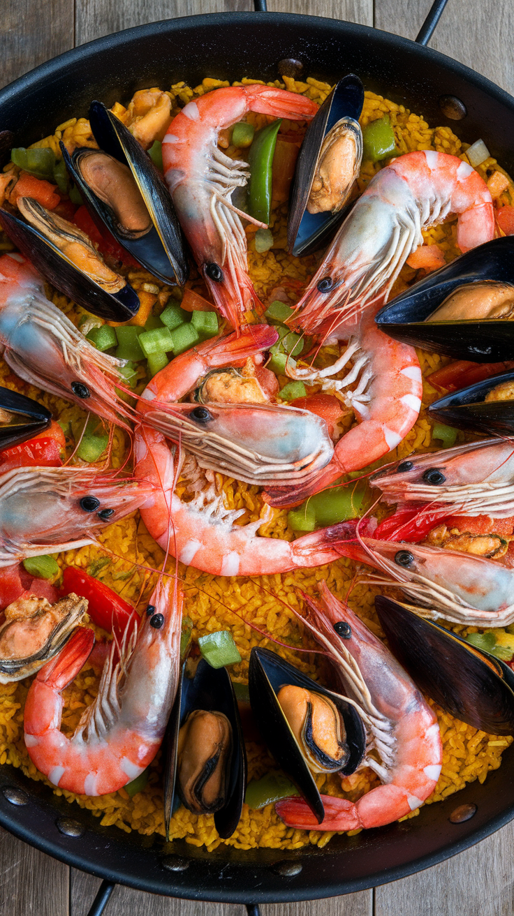 A colorful seafood paella with shrimp, mussels, and vegetables.