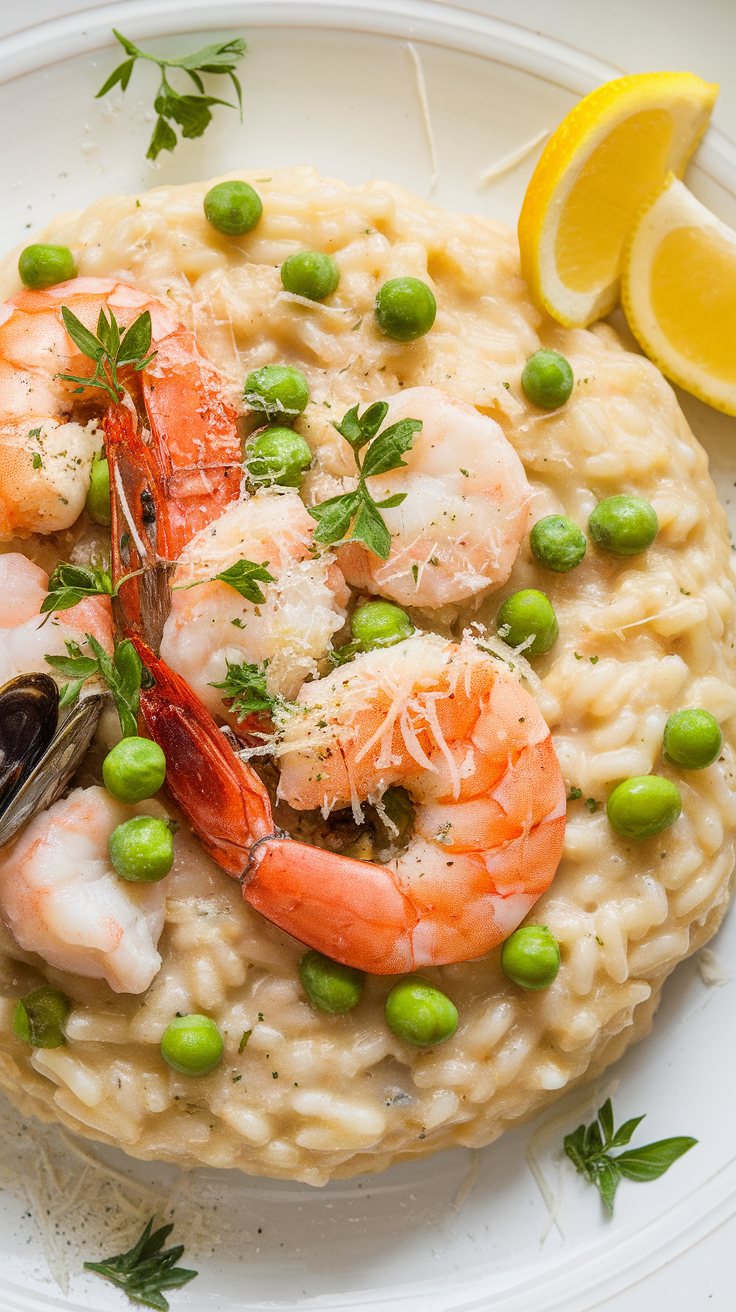 A plate of seafood risotto topped with shrimp, peas, and lemon slices.