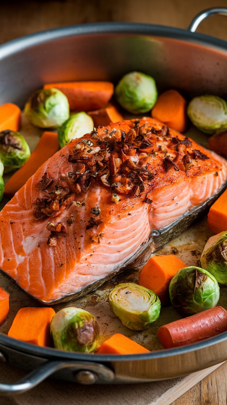 A delicious sheet pan meal featuring salmon and various roasted vegetables like carrots and Brussels sprouts.