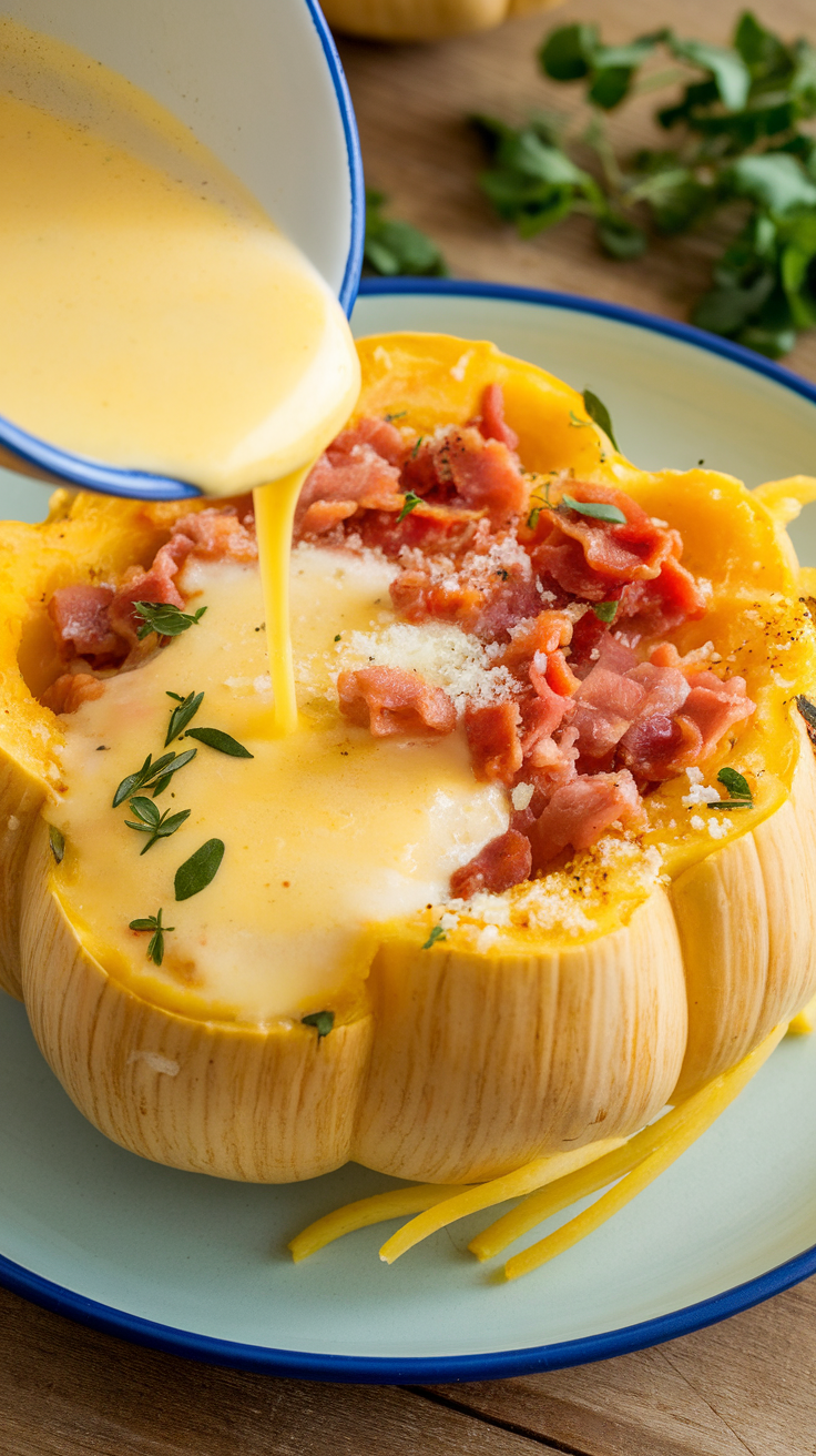 A serving of spaghetti squash carbonara with creamy sauce and bacon being poured in.