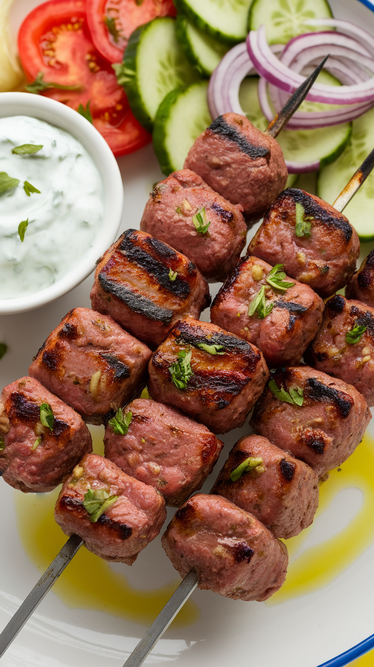 Delicious spicy beef kofta kebabs on skewers with fresh vegetables and yogurt sauce.