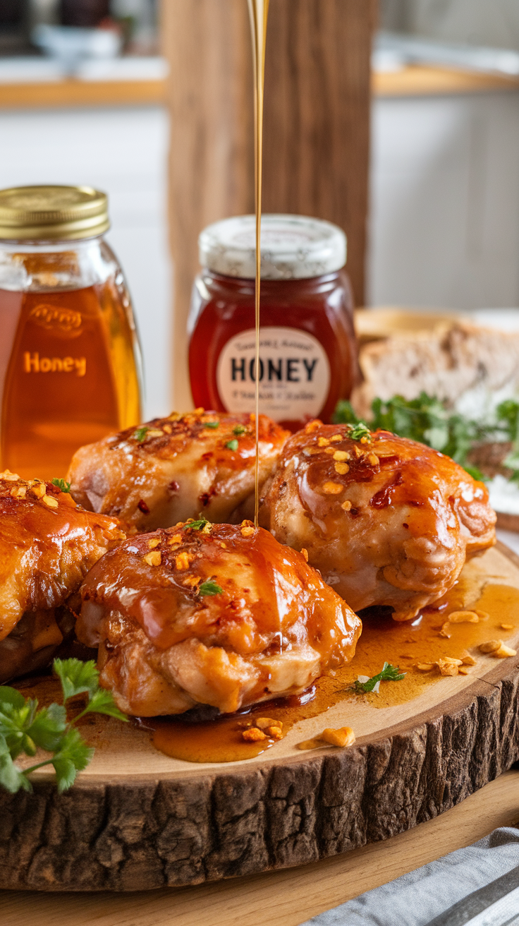 Spicy Honey Glazed Chicken Thighs with honey jars in the background