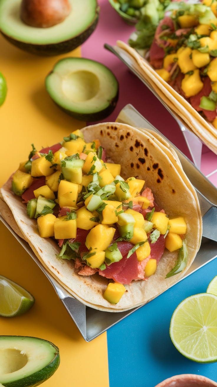 Spicy tuna tacos with mango salsa on a colorful background