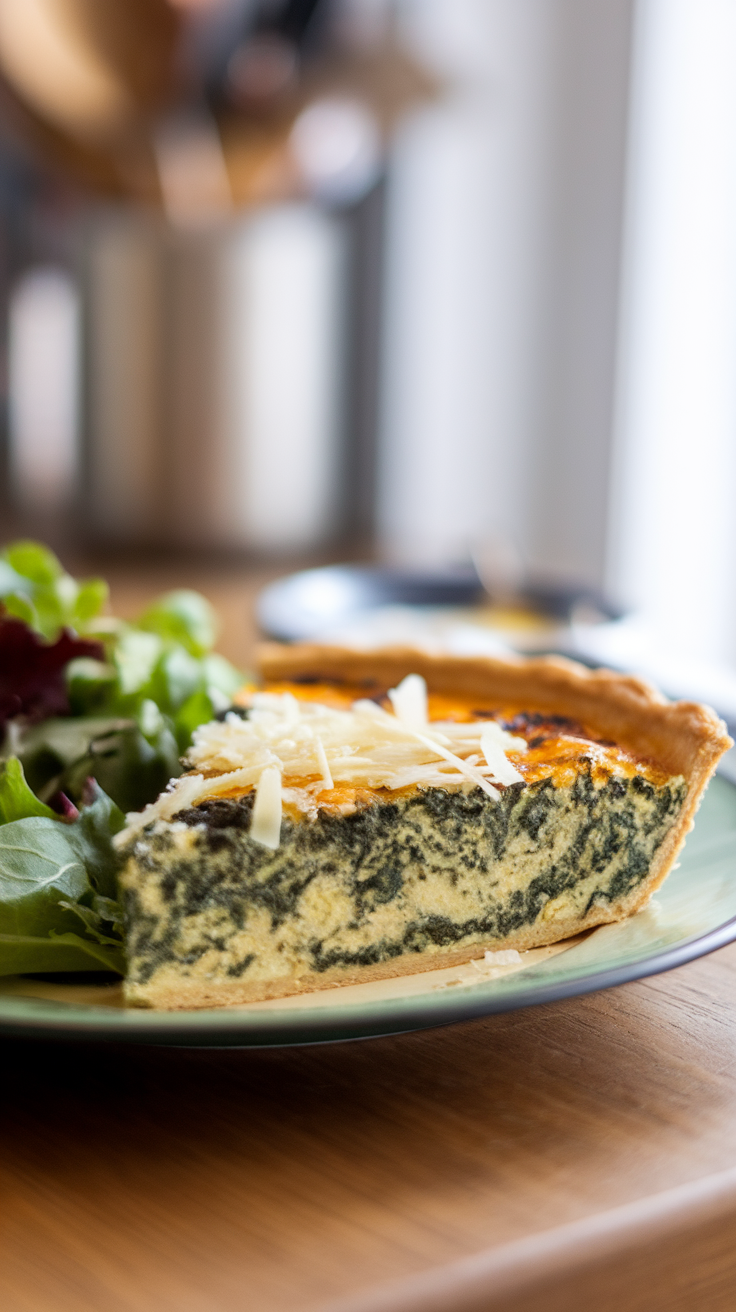 Slice of spinach and feta breakfast quiche on a plate with a side salad