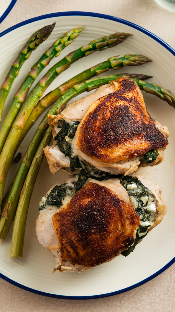 Stuffed chicken thighs with spinach and feta served with asparagus.