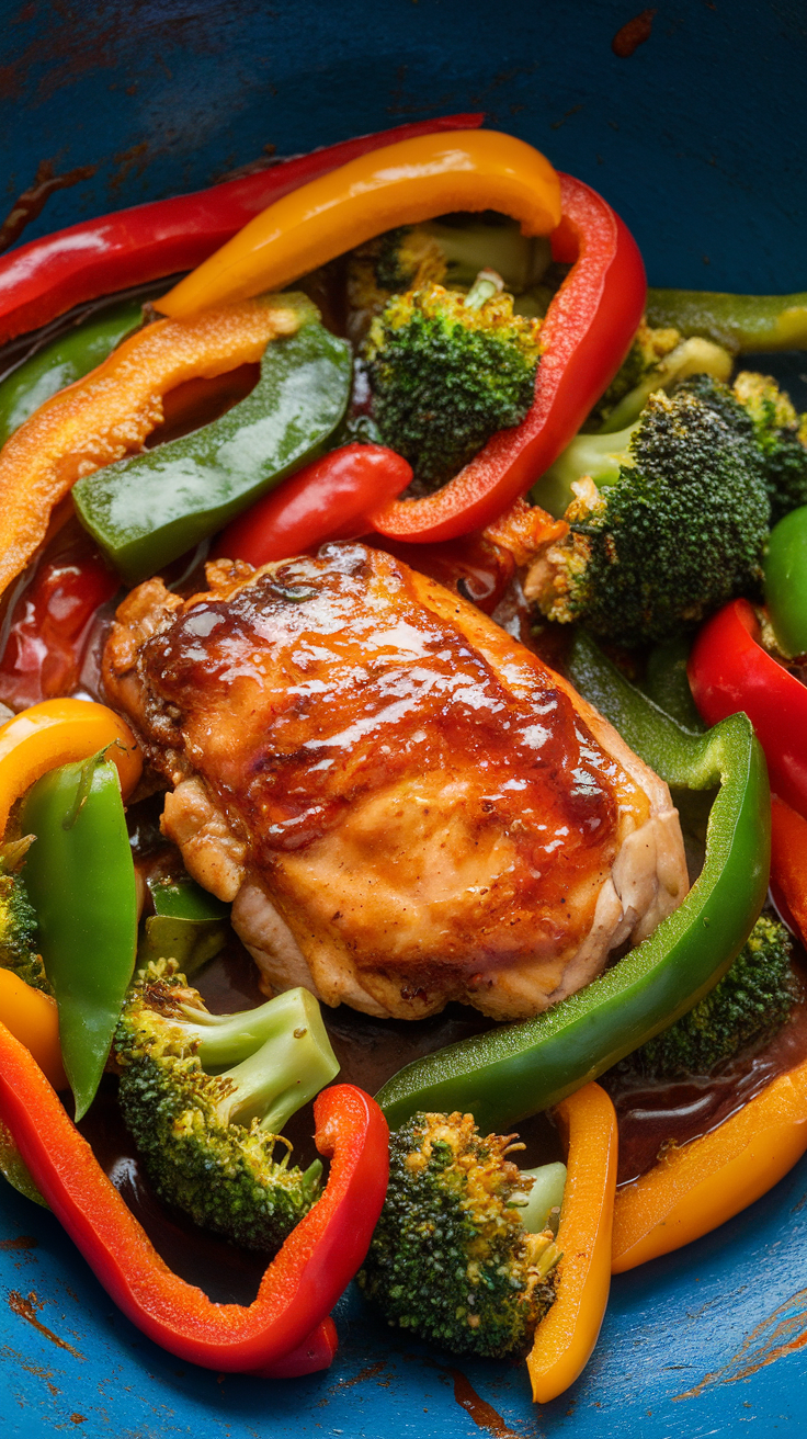 A close-up of teriyaki chicken thighs stir-fried with colorful bell peppers and broccoli.