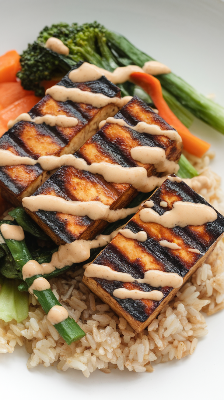 A delicious tofu and brown rice bowl with grilled tofu, brown rice, and vibrant vegetables.