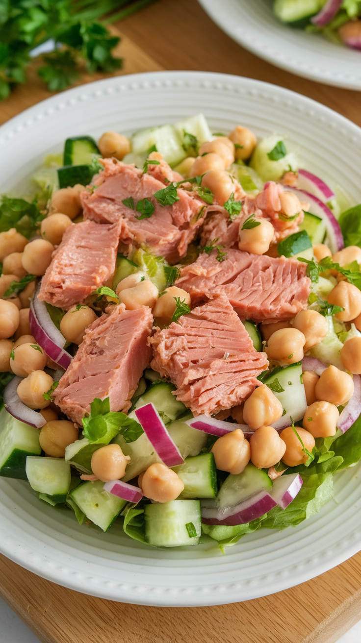 Tuna salad with chickpeas and fresh vegetables on a plate