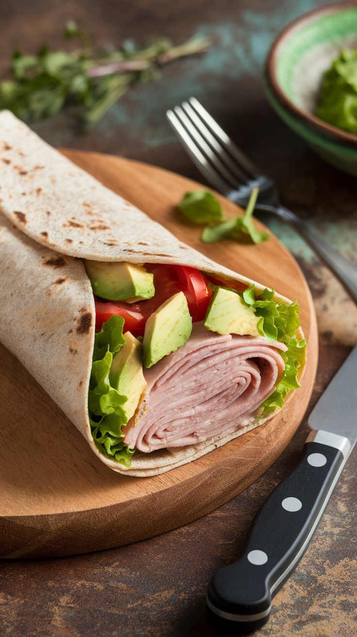 A turkey and avocado wrap on a wooden cutting board with fresh ingredients