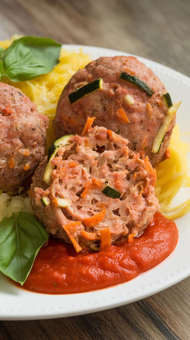 A plate of veggie-loaded turkey meatballs served with spaghetti squash and tomato sauce.