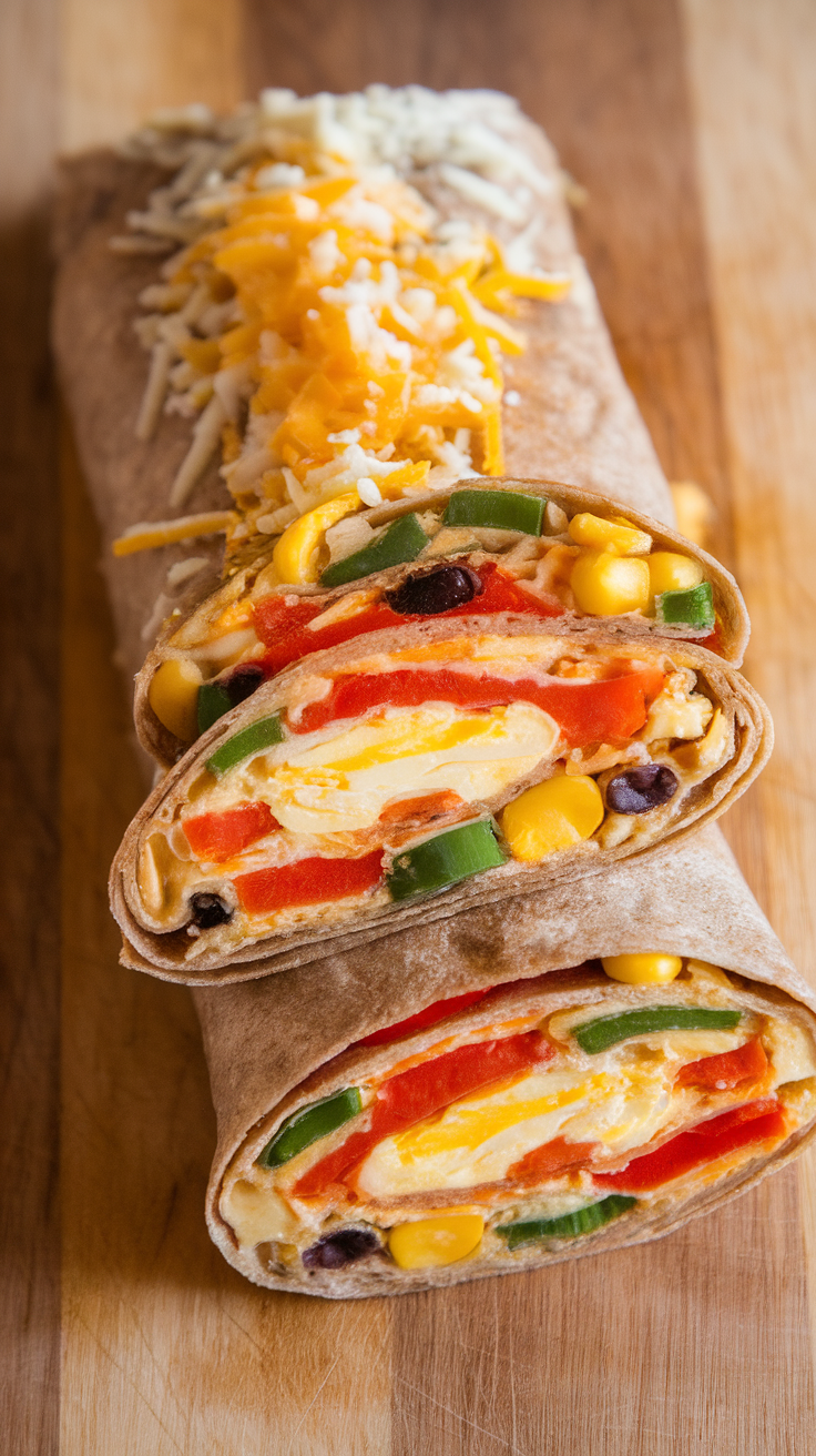 Two veggie-packed breakfast burritos with colorful peppers and cheese