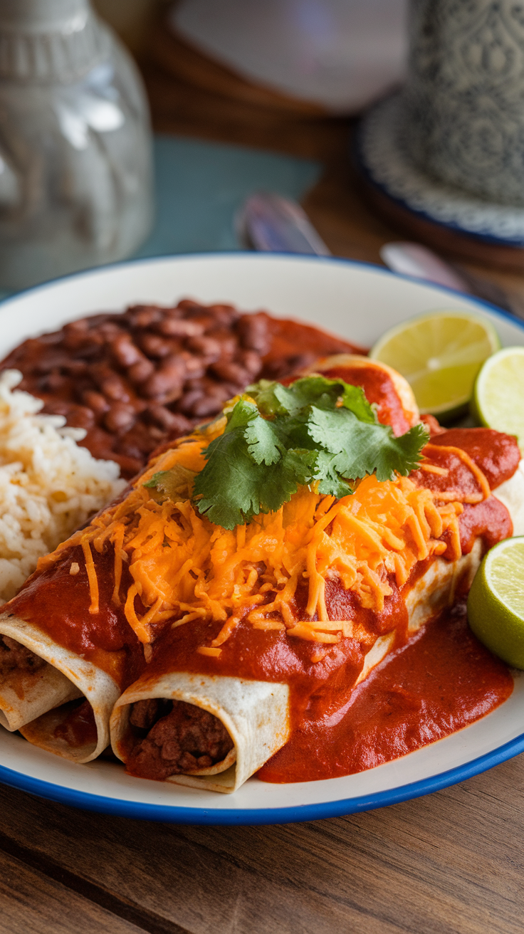 Plate of beef enchiladas topped with red sauce, cheese, and cilantro, served with rice and beans.