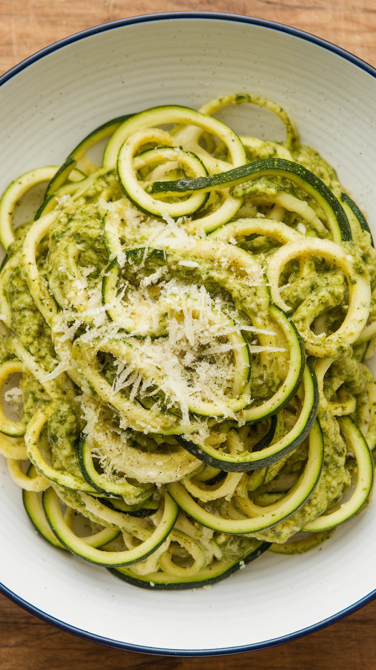 A bowl of zucchini noodles coated in pesto sauce and topped with grated cheese.