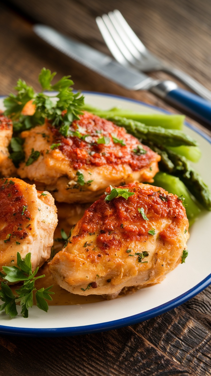 Delicious garlic butter chicken bites on a plate, garnished with parsley and served with green vegetables.