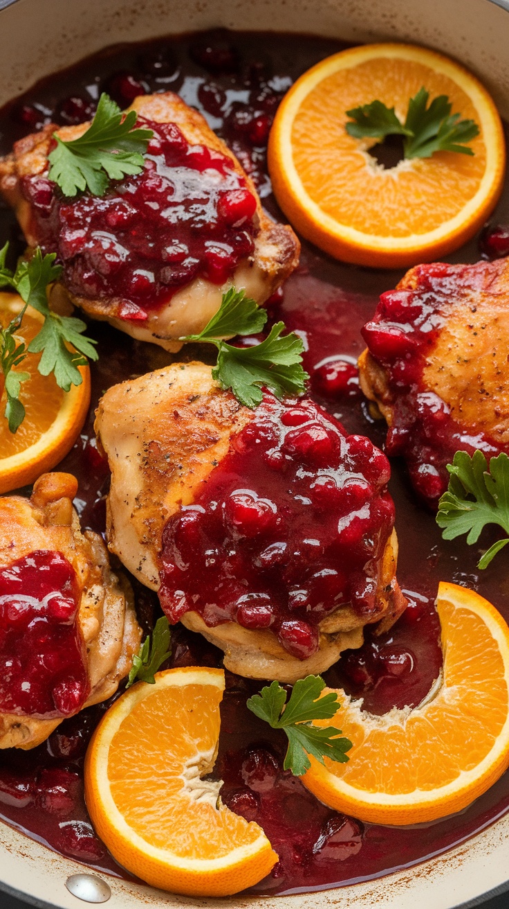 Juicy chicken thighs in cranberry sauce with orange slices, garnished with parsley in a skillet.