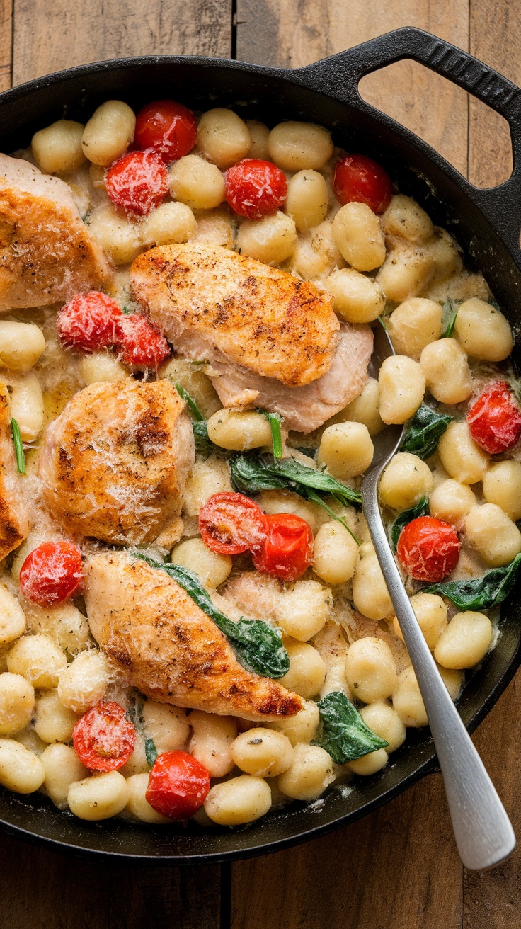 A creamy Garlic Chicken Gnocchi dish with chicken, tomatoes, spinach in a skillet, topped with Parmesan.