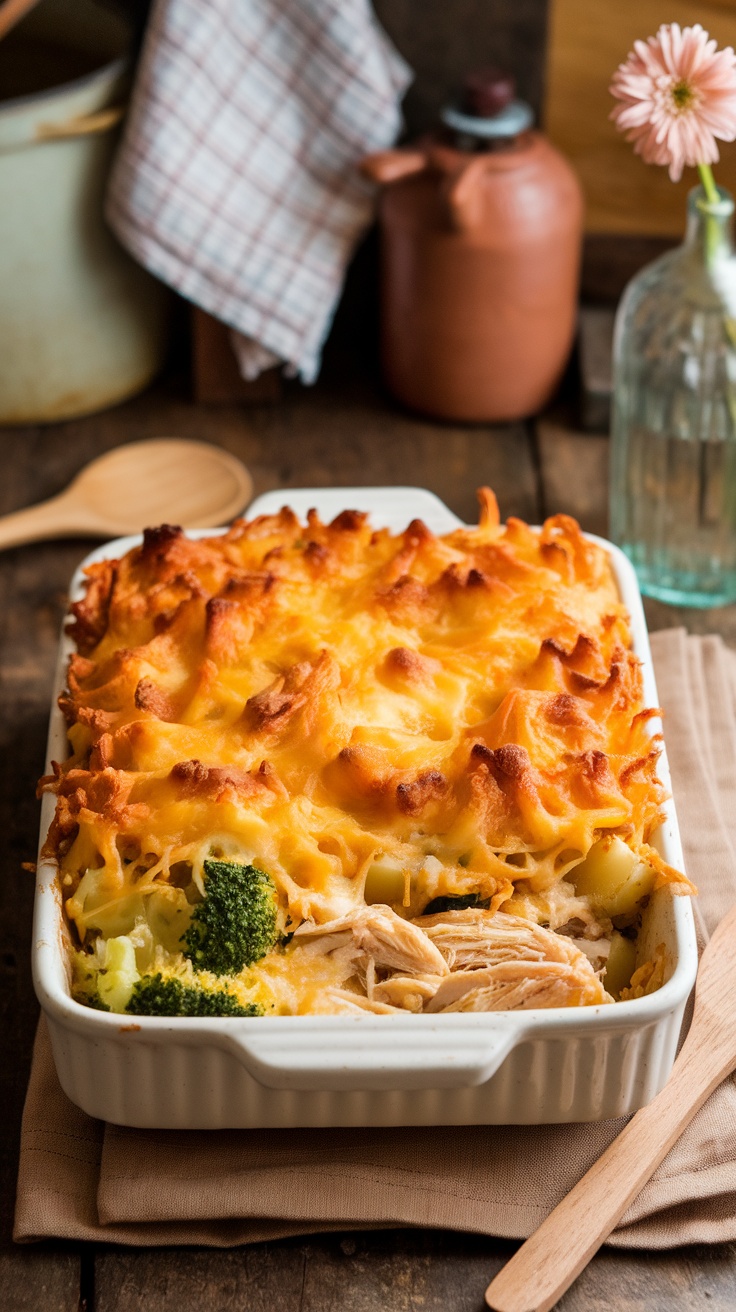 A cheesy baked chicken and broccoli potato casserole, with a golden top and layers of chicken, broccoli, and potatoes in a rustic kitchen setting.