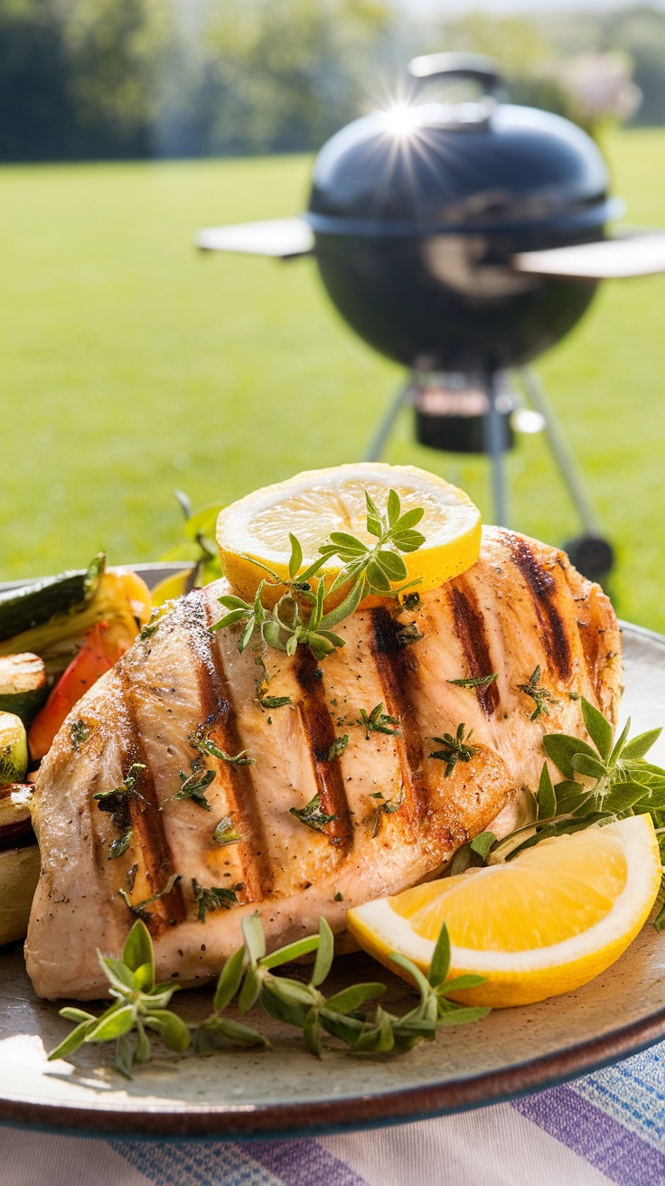 Grilled lemon herb chicken breast with lemon slices and fresh herbs on a rustic plate in an outdoor setting.