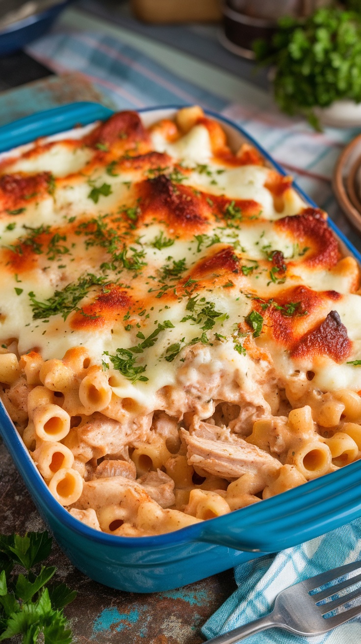 Creamy chicken Alfredo casserole with cheese on top, garnished with parsley.