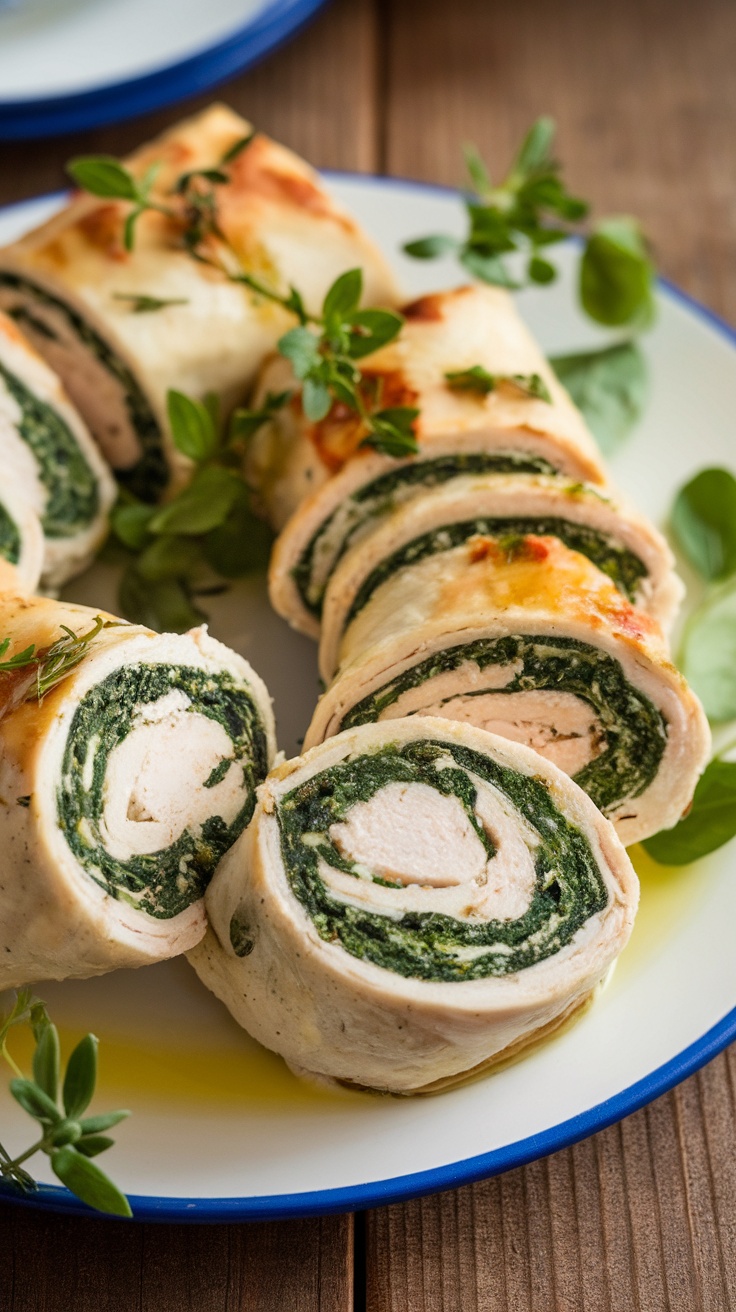 Savory spinach and feta chicken rolls, sliced revealing green filling, garnished with herbs on a rustic wooden table.