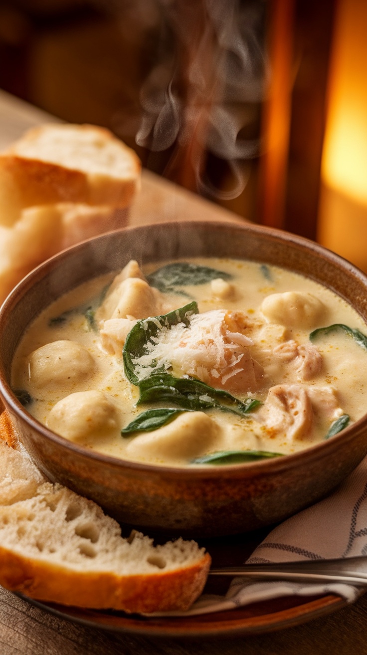 A comforting bowl of creamy chicken gnocchi soup with chicken, gnocchi, spinach, and Parmesan cheese, displayed on a rustic wooden table.