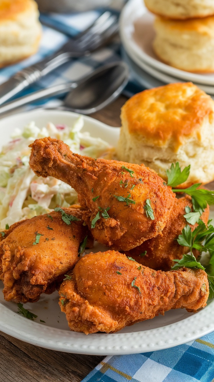 Crispy air fryer fried chicken legs served with coleslaw and biscuits on a rustic table.