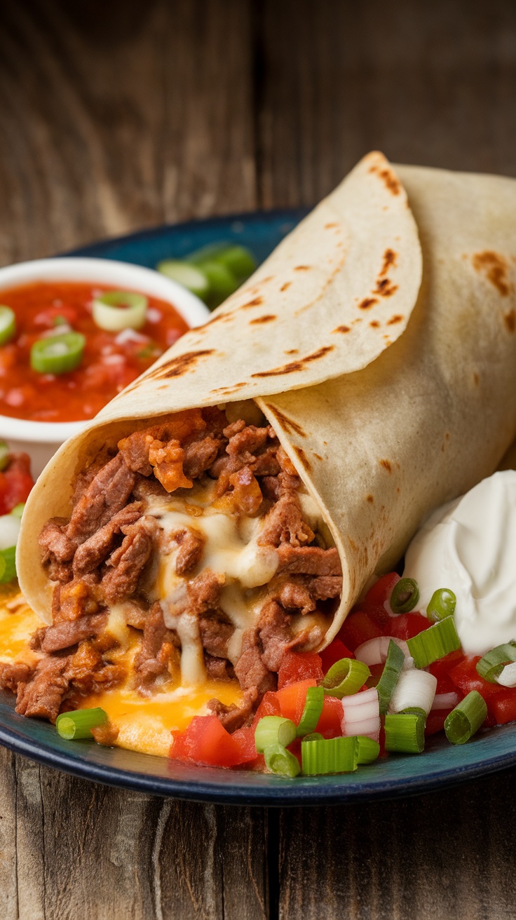 A beefy melt burrito with cheese and beans, served with salsa and sour cream.