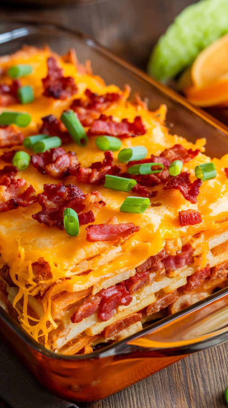 A golden cheesy breakfast casserole with hashbrowns, bacon, and green onions on a wooden table.