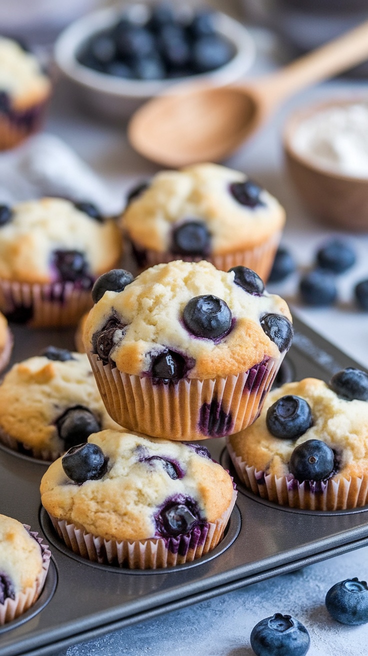 Blueberry cottage cheese muffins on a tray, garnished with blueberries, in a warm kitchen setting.