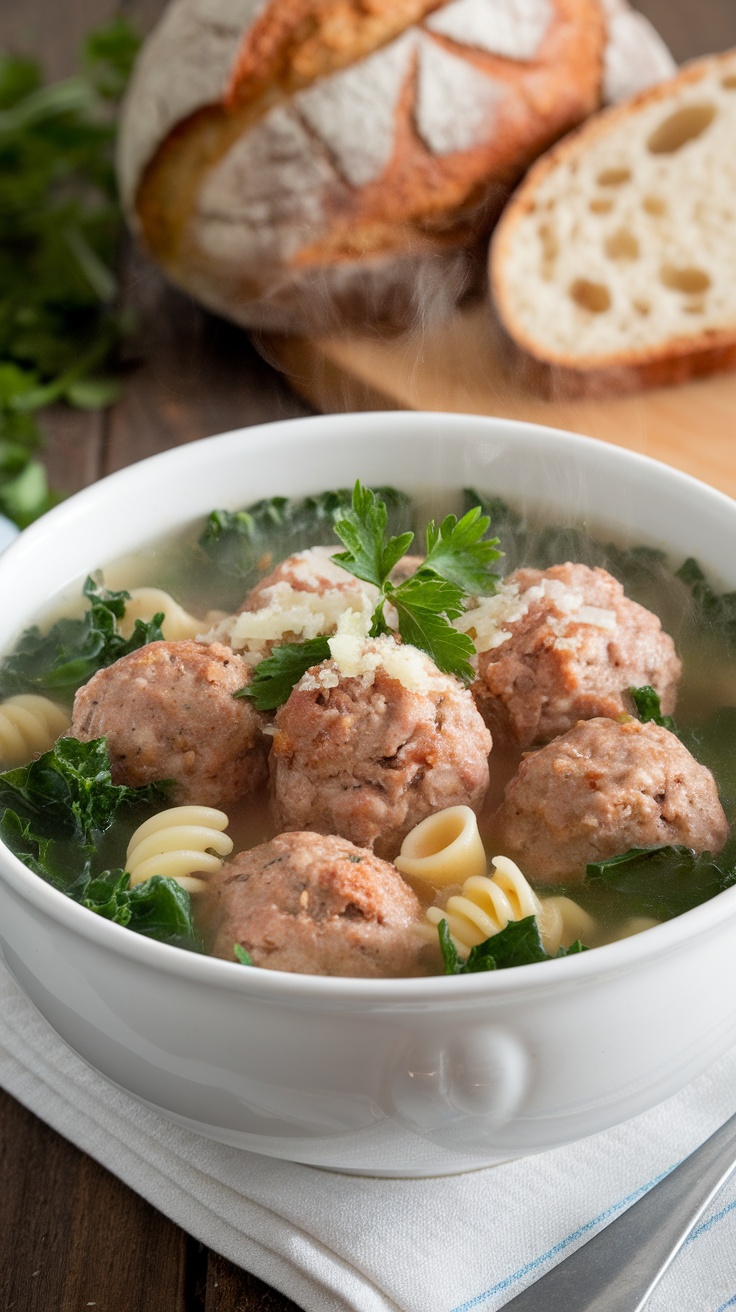 A comforting bowl of Italian Wedding Soup with meatballs, kale, and pasta, garnished with Parmesan, on a rustic table with bread.