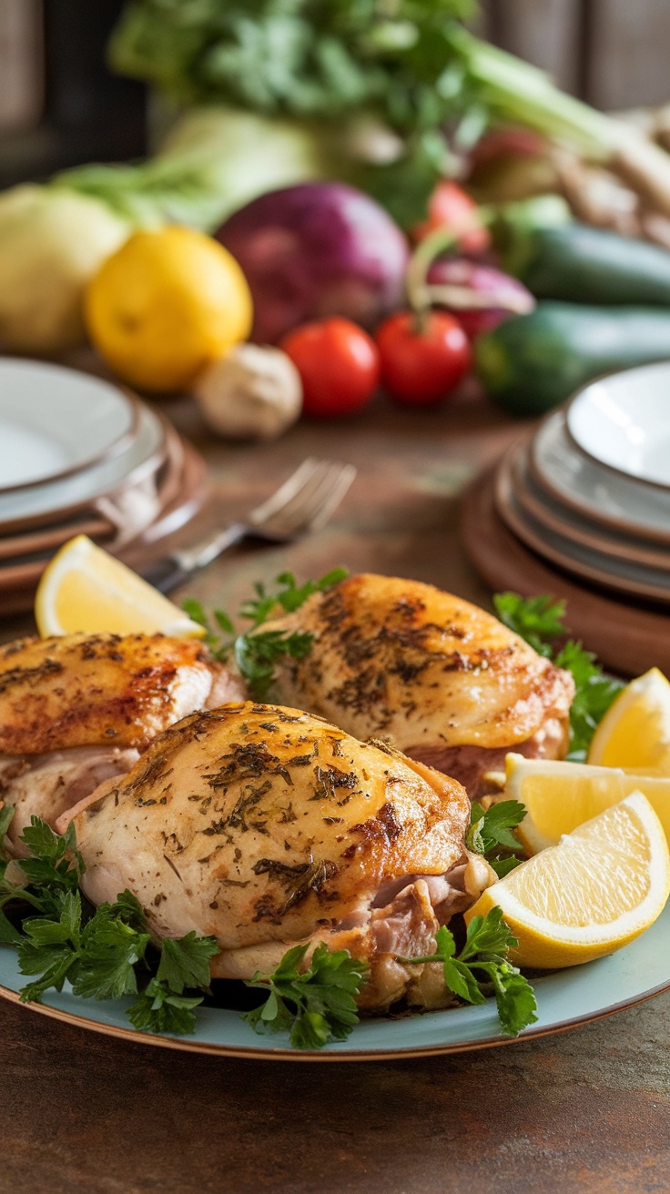 Golden-brown lemon herb roasted chicken thighs garnished with parsley and lemon wedges on a rustic table.