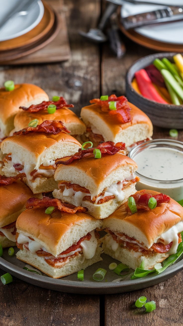 A close-up of Chicken Bacon Ranch Sliders on Hawaiian rolls, topped with bacon and cheese on a wooden platter.