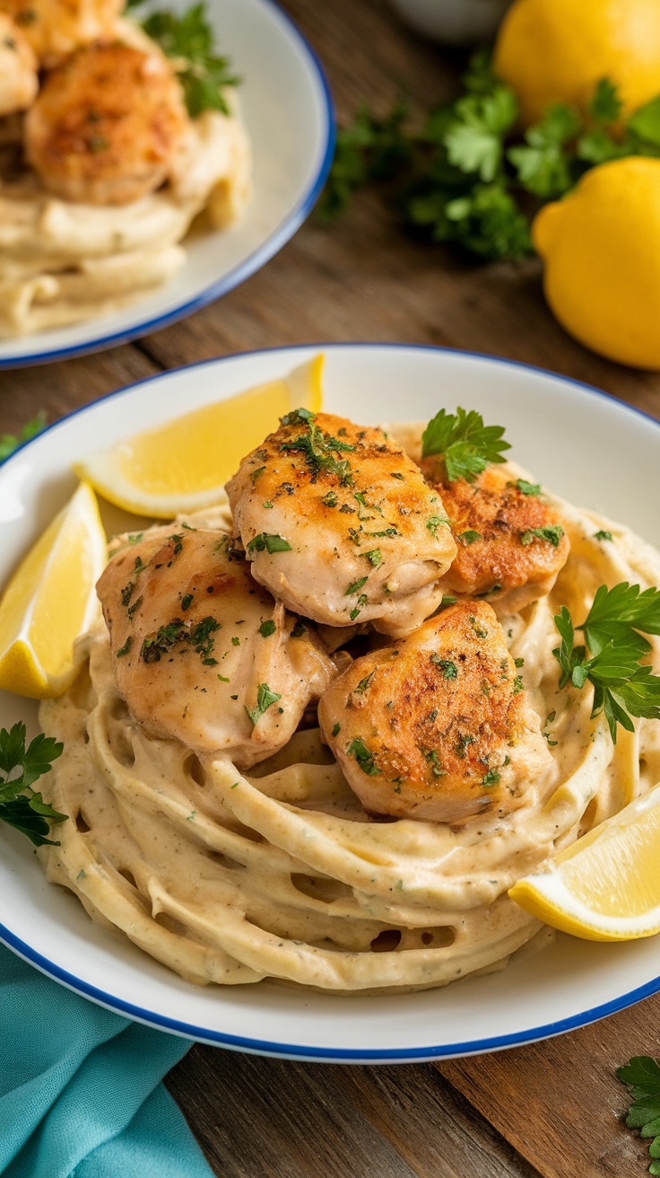 Garlic Butter Chicken Bites with Creamy Parmesan Pasta, golden chicken pieces over creamy pasta, garnished with parsley and lemon.