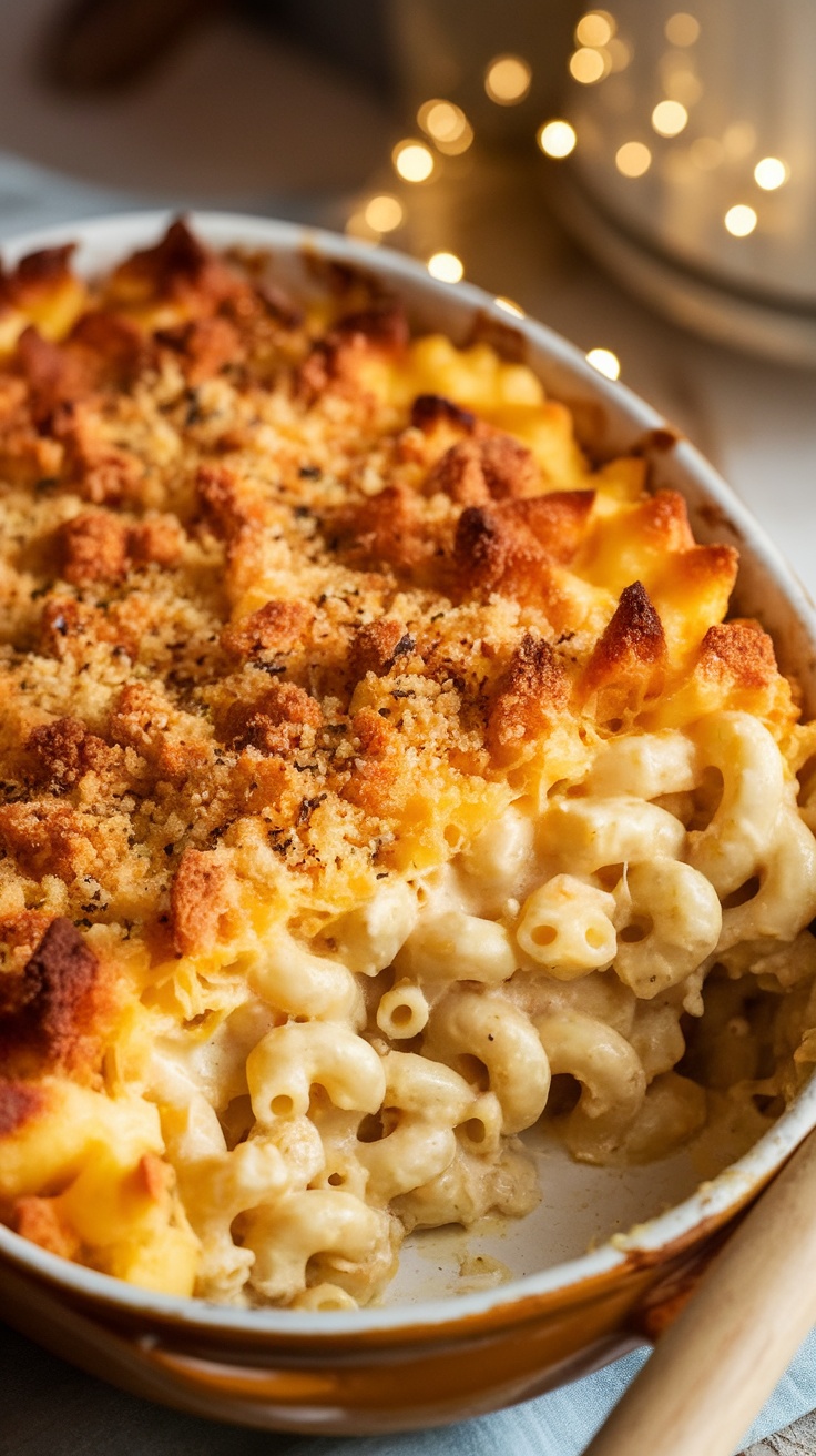 Baked macaroni and cheese with a crispy breadcrumb topping served in a casserole dish.