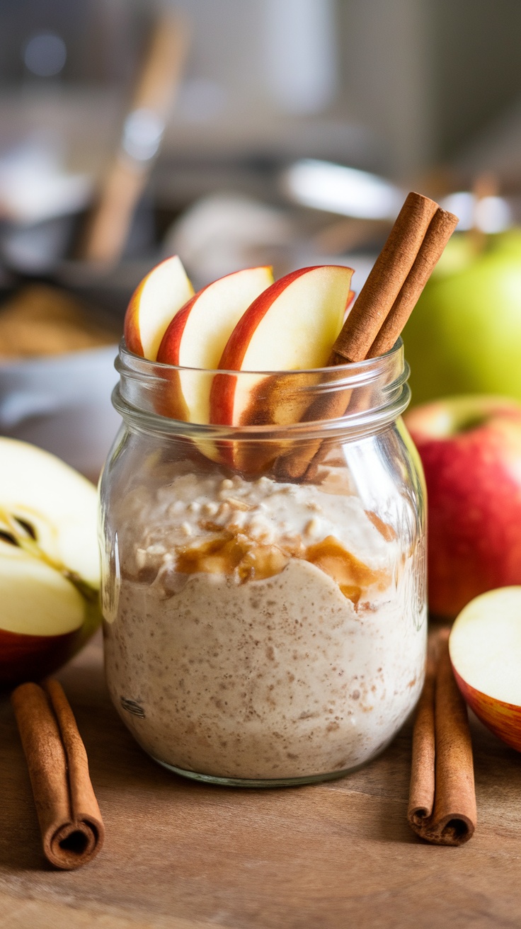 A jar of apple cinnamon overnight oats topped with apple slices and cinnamon sticks.