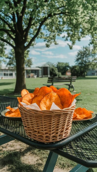 A basket of baked sweet potato chips on a picnic table surrounded by greenery.