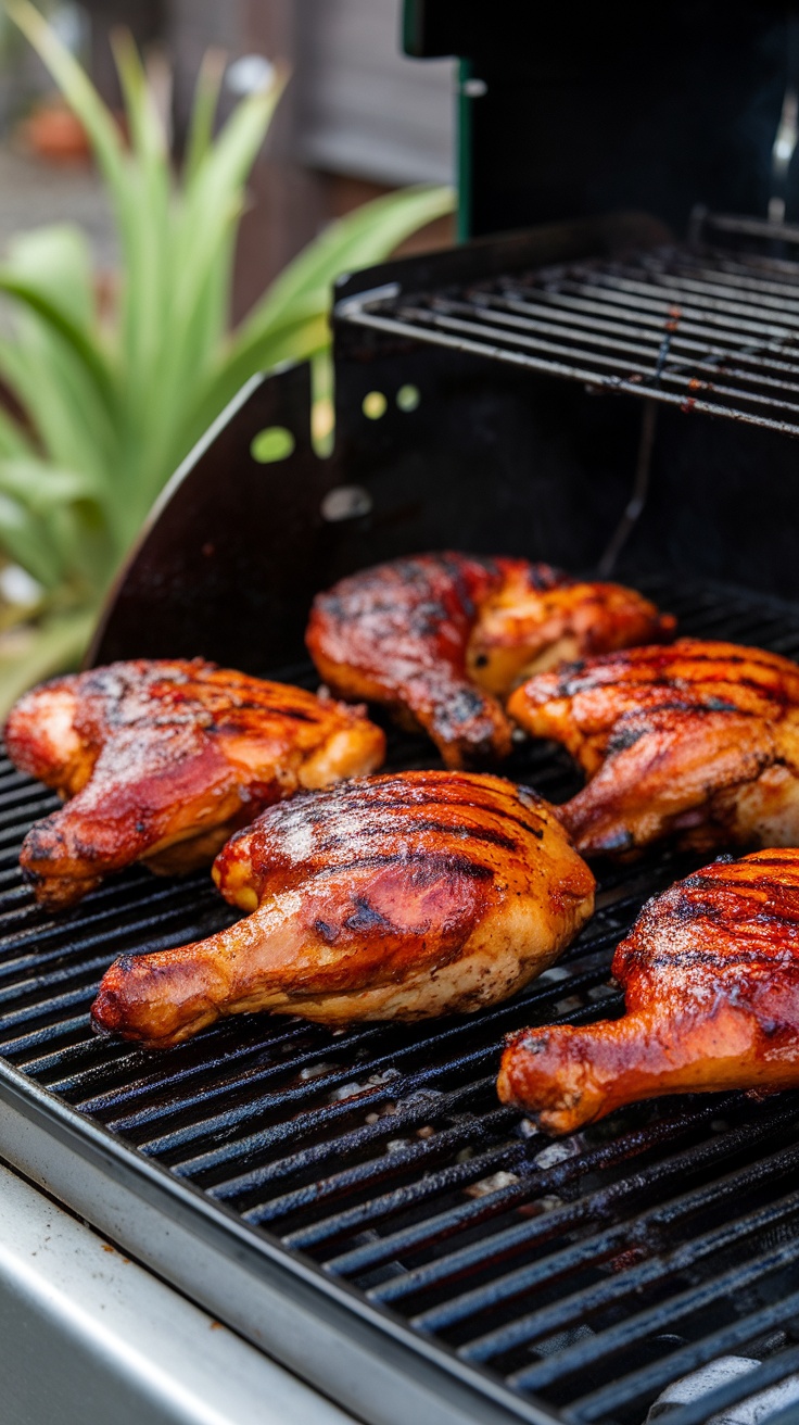 Grilled BBQ chicken leg quarters on a barbecue grill