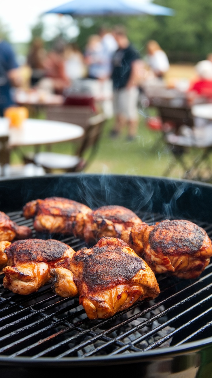 Grilled chicken thighs on a BBQ grill with smoke