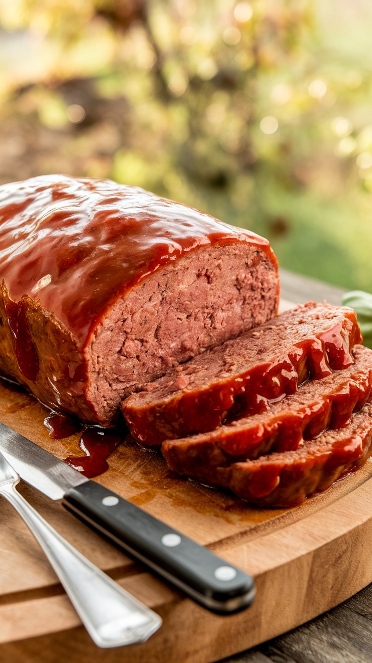 Sliced BBQ meatloaf on a wooden cutting board with a knife beside it.