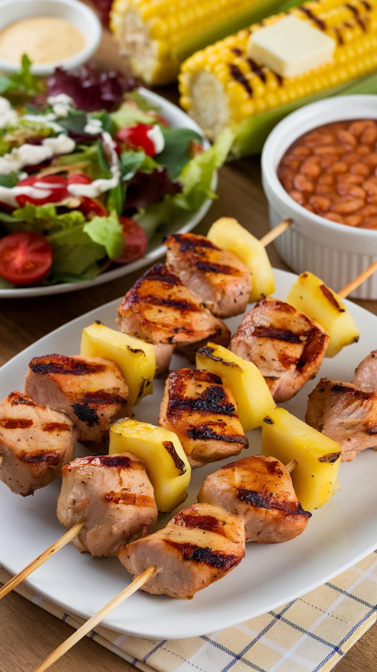 Grilled chicken kabobs with pineapple, served with salad and corn on the cob.