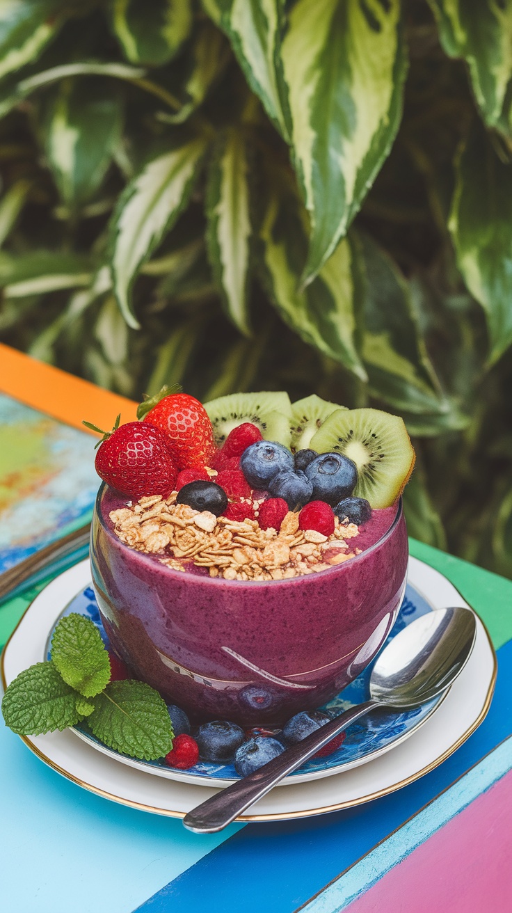 A colorful berry smoothie bowl topped with granola and fresh fruit.