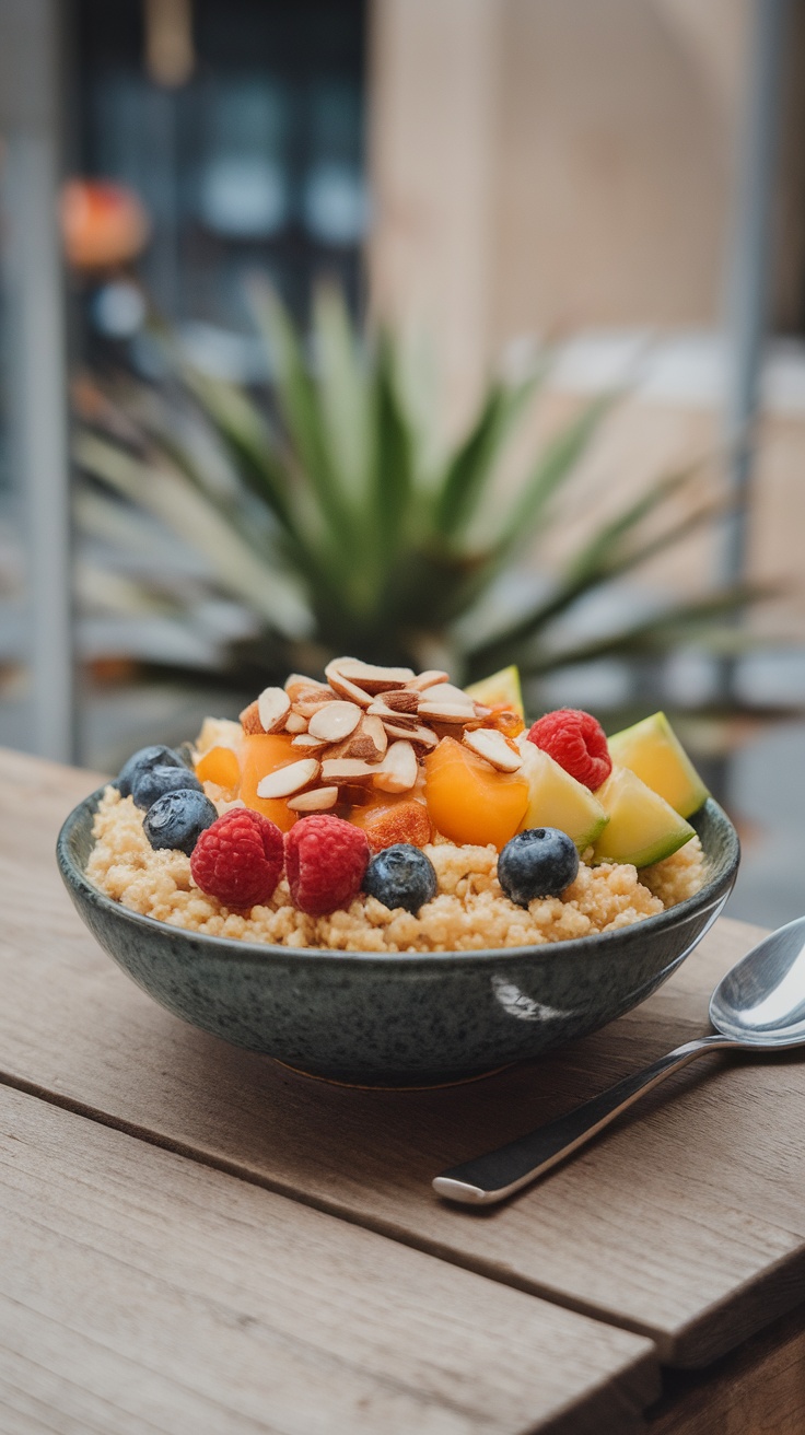 A bowl of breakfast couscous topped with almonds and fresh fruit.