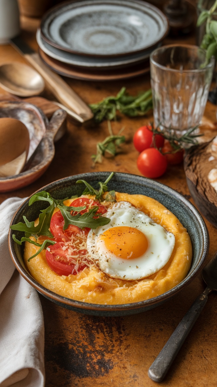 A bowl of creamy polenta topped with a sunny-side-up egg, grated cheese, and fresh tomatoes.