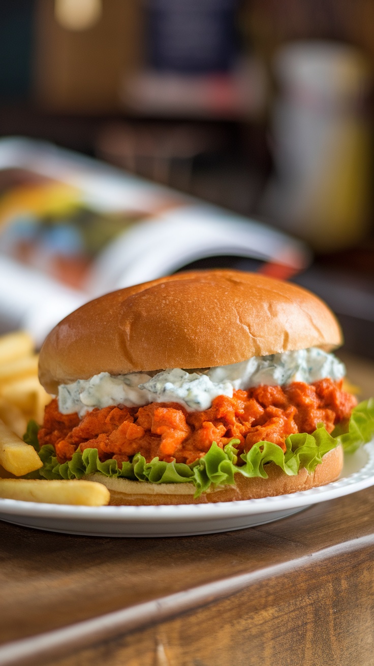 A delicious buffalo chicken sandwich with lettuce and ranch dressing on a plate, served with fries.