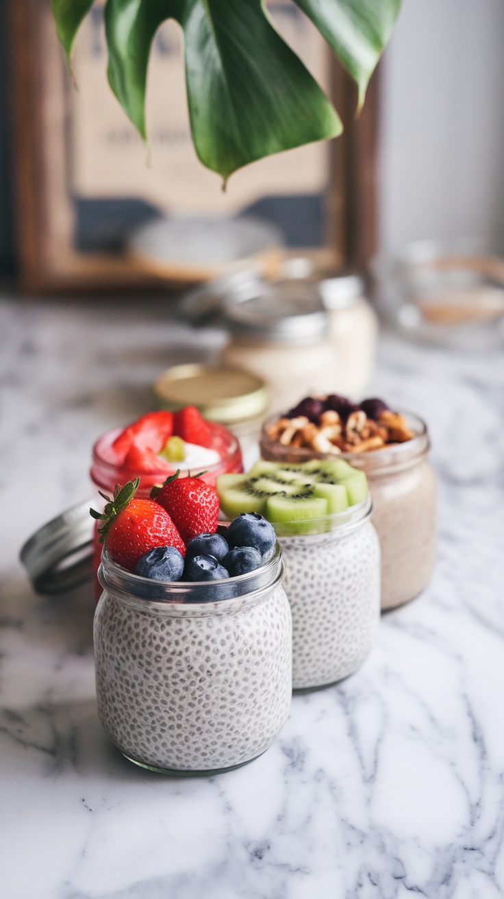 Chia seed pudding with various toppings in jars