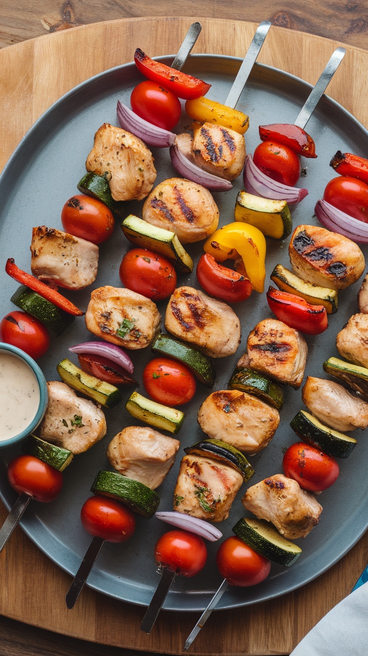 A platter of grilled chicken and vegetable skewers with cherry tomatoes, bell peppers, and zucchini.