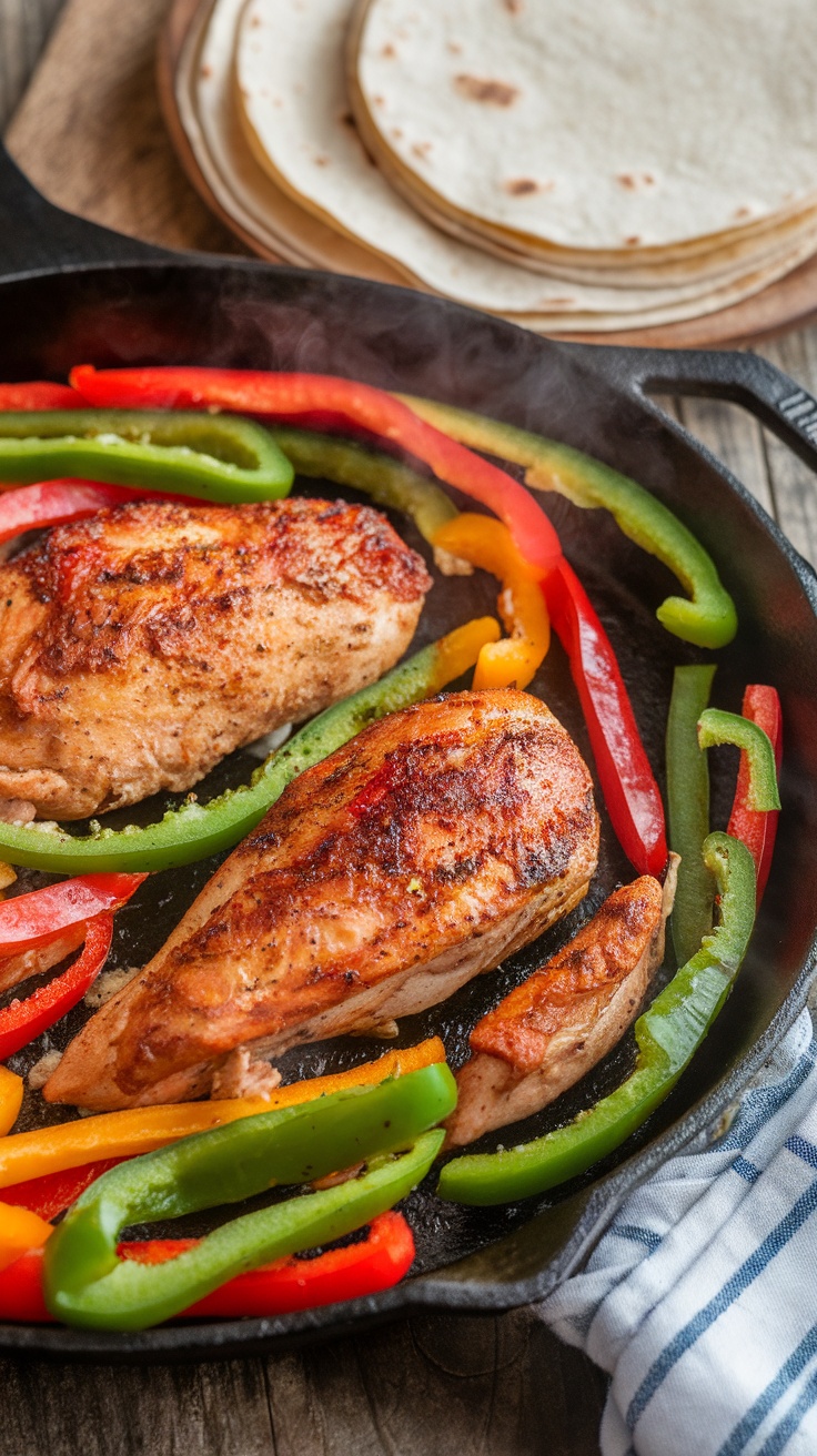 Chicken fajitas with bell peppers in a cast iron skillet with tortillas in the background.